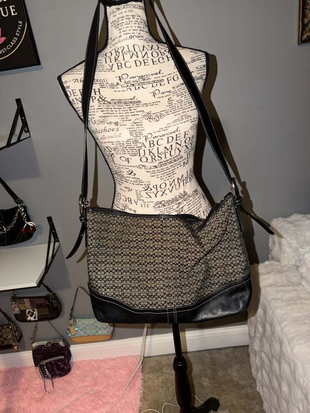 Coach Signature C F11395 Black Canvas Leather Shoulder Bag Purse